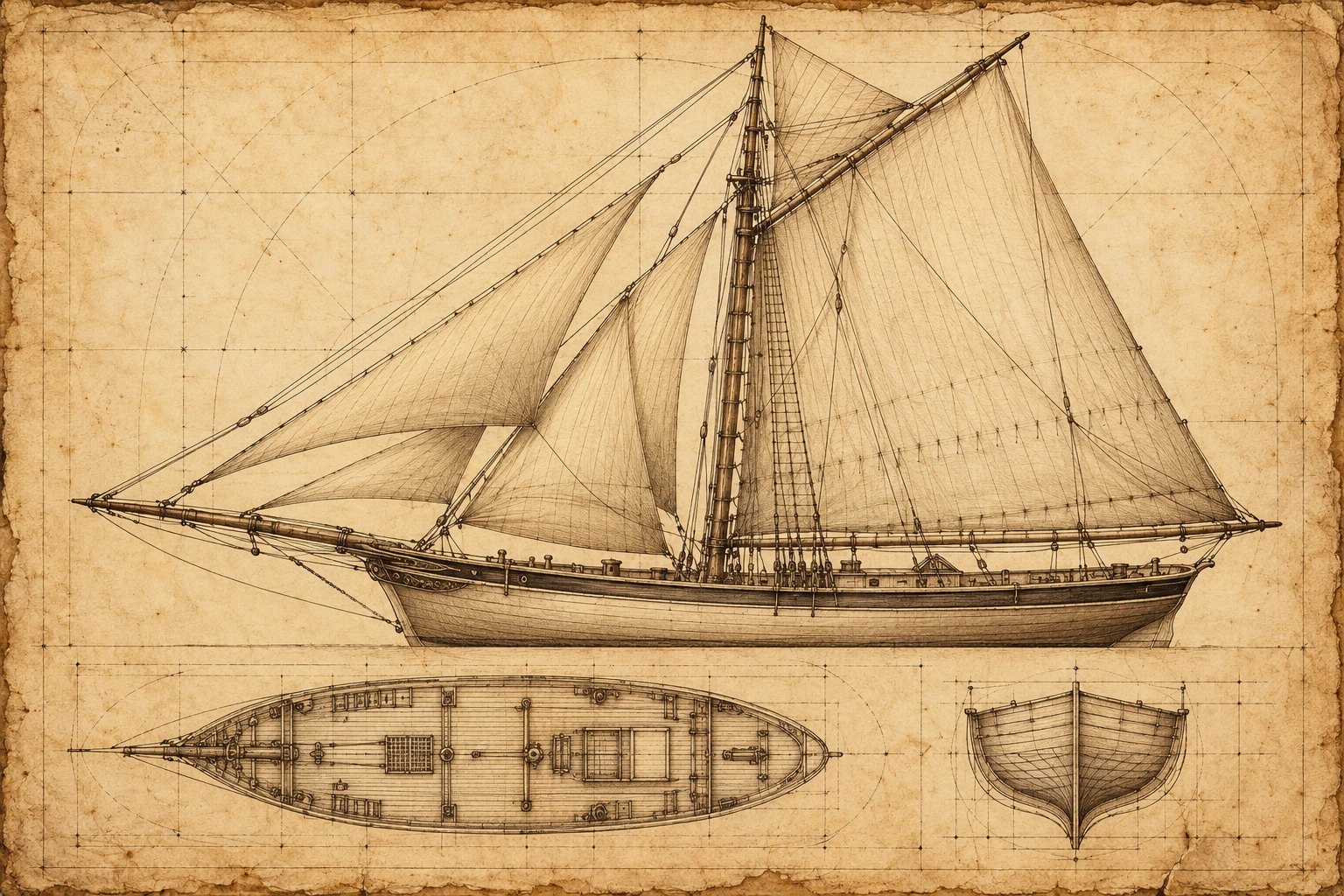 Detailed antique naval plan of a cutter on aged parchment