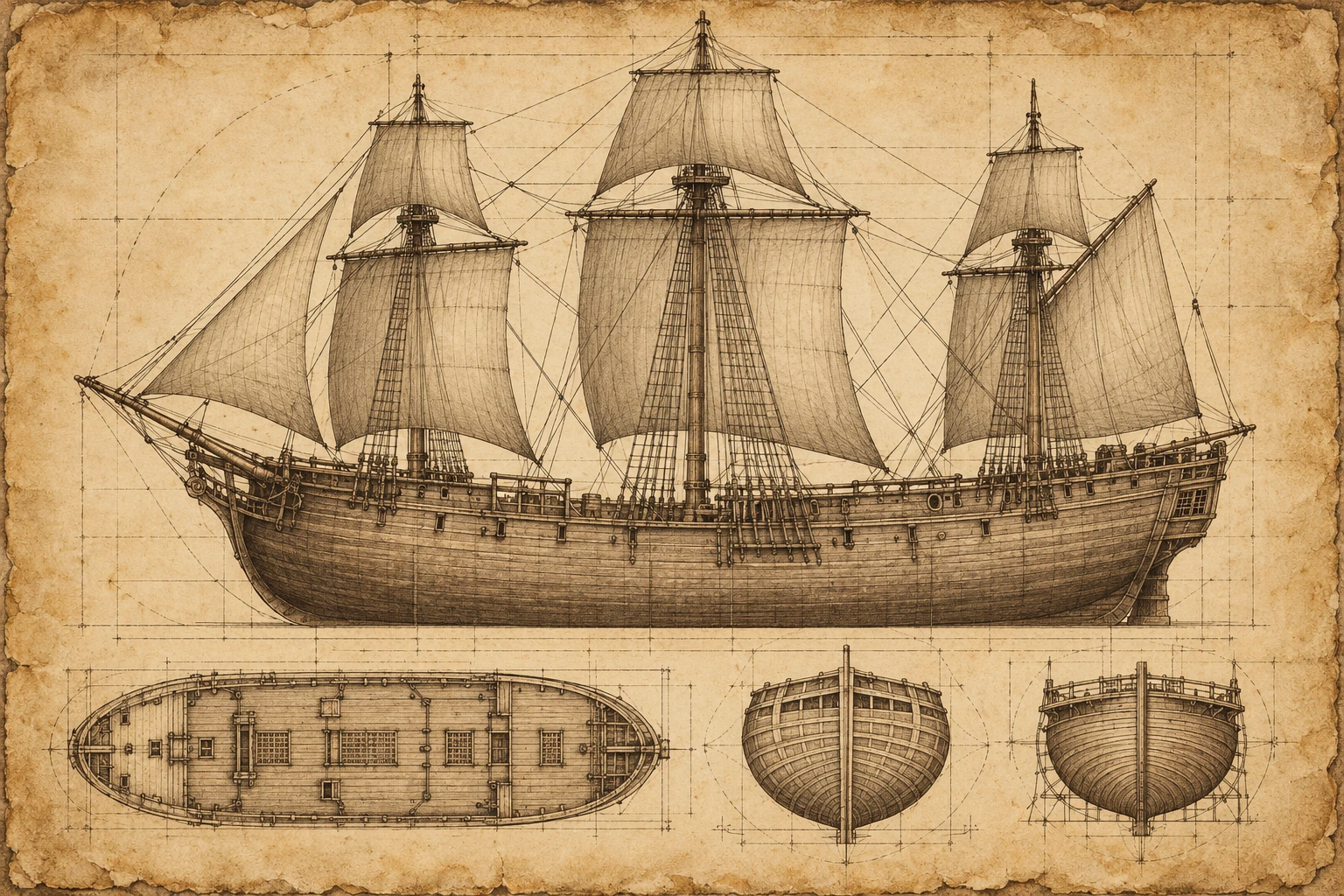 Detailed antique naval plan of a fluyt on aged parchment
