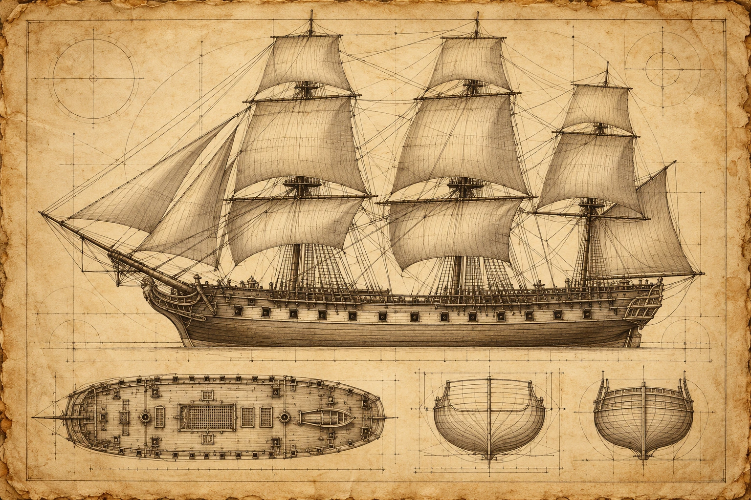 Detailed antique naval plan of a frigate on aged parchment