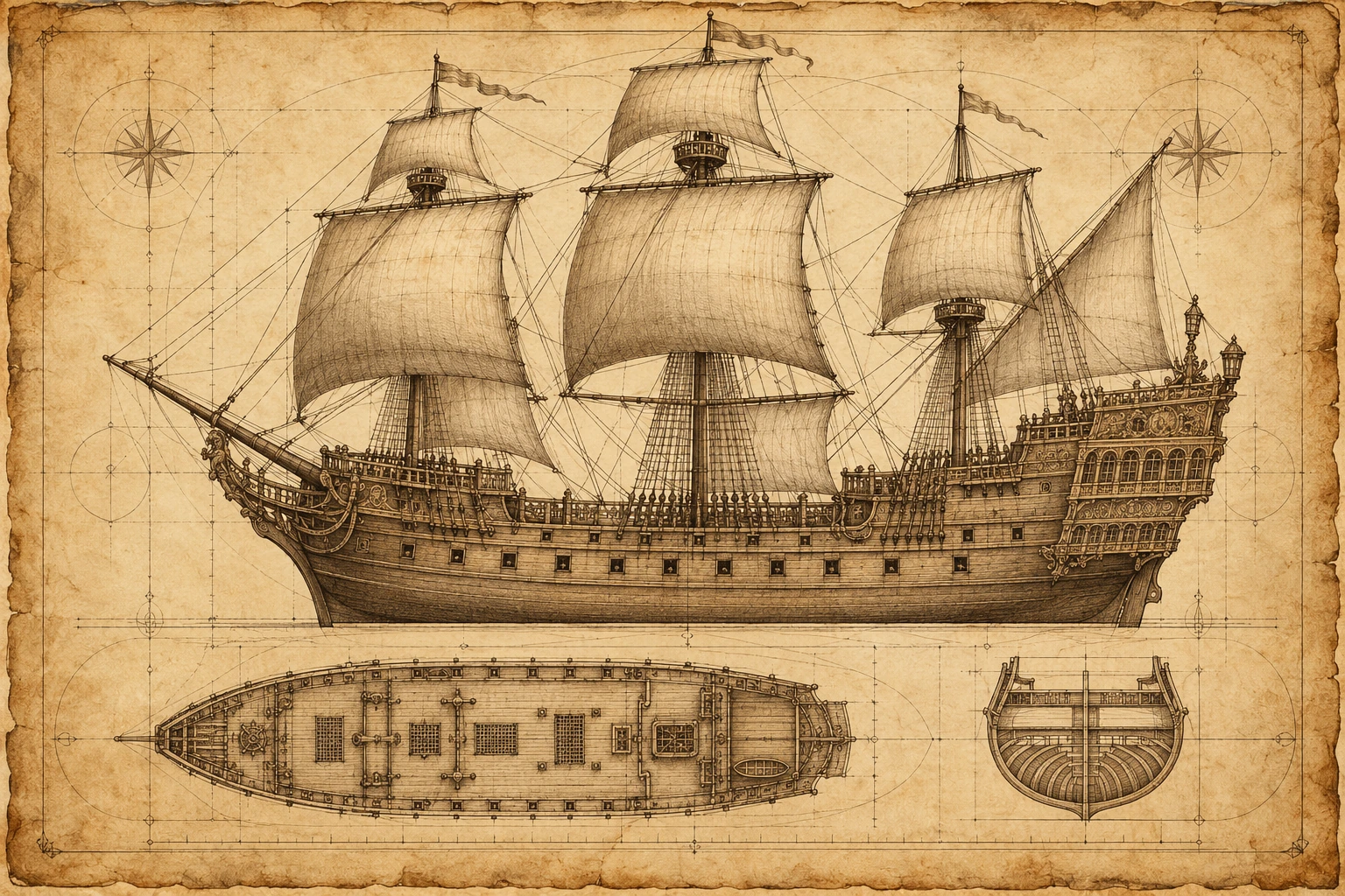 Detailed antique naval plan of a galleon on aged parchment
